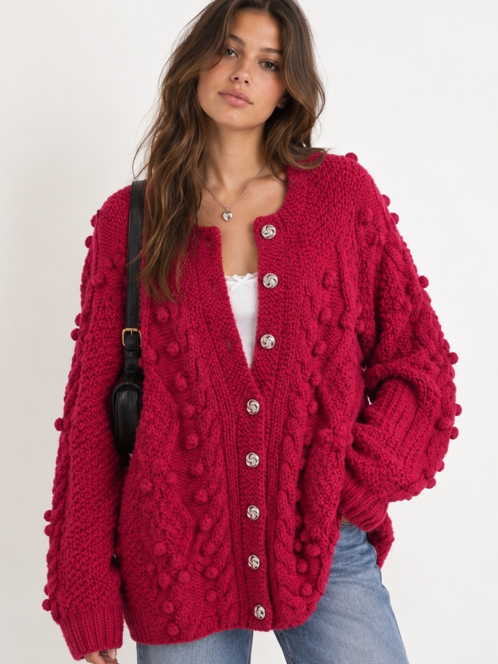 Women's Oversized Pink Knit Cardigan Chunky Sweater